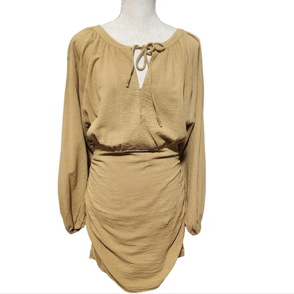 FREE PEOPLE The Only One Mini Dress Womens Small Tan Long Sleeve Ruched Tie Boho - Picture 2 of 16